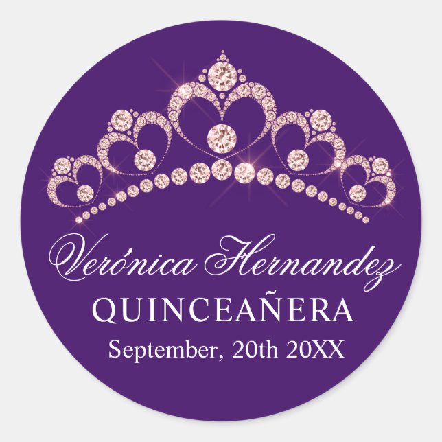 Sticker Rond Elégante Tiara violet espagnol Quinceañera Quince (Devant)