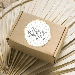 Sticker Rond Élégante Typographie Gris Blanc Étoiles Bonne anné