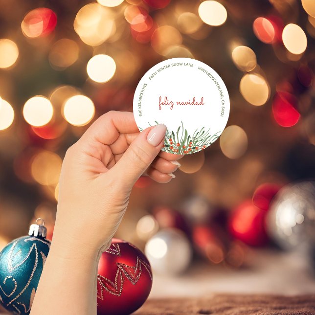 Sticker Rond Elégante verdure Berries Feliz Navidad Noël (Elegant Greenery Berries Feliz Navidad Christmas Classic Round Sticker)