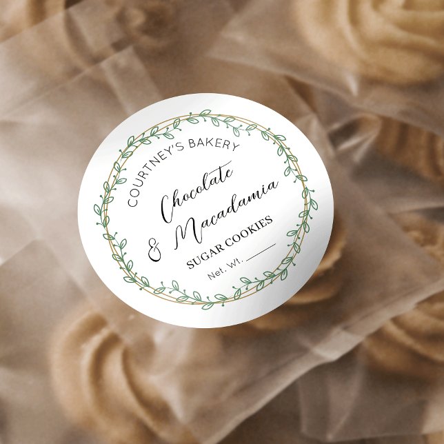 Sticker Rond Élégante verdure Wreath Bakery Cupcakes Cookies (Stylish greenery wreath cookie stickers featuring modern calligraphy and minimal layout)