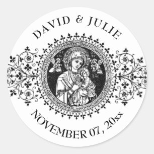 Sticker Rond Élégante Vierge classique Marie Jésus Blanc Noir