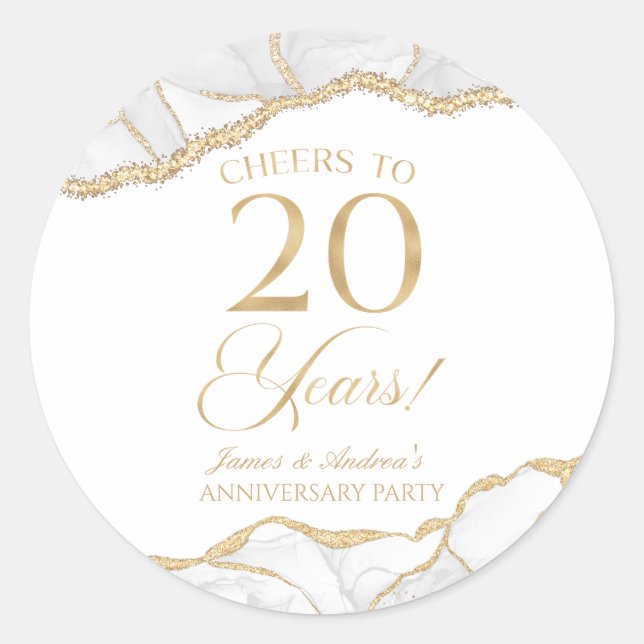 Sticker Rond Élégante White Gold Agate 20e anniversaire fête (Devant)