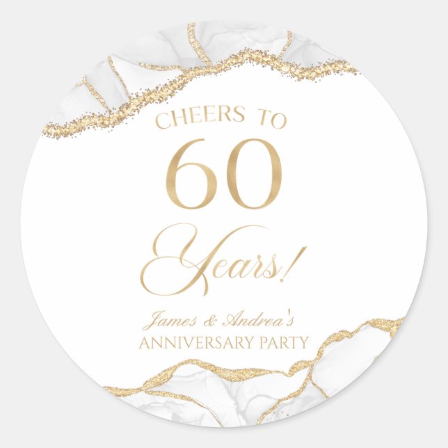 Sticker Rond Elégante White Gold Agate 60e Anniversaire Party (Devant)