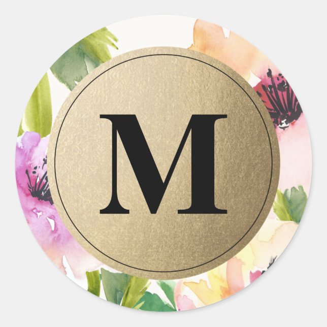 Sticker Rond Élégantes Fleurs Monogrammes Or | Favoriser les Ét (Devant)