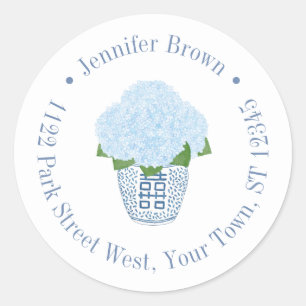Sticker Rond Élégantes hortensias Pot en grès Retour Adresse