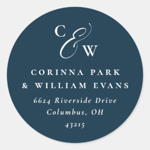 Sticker Rond Élégantes initiales bleu marine mariage adresse de