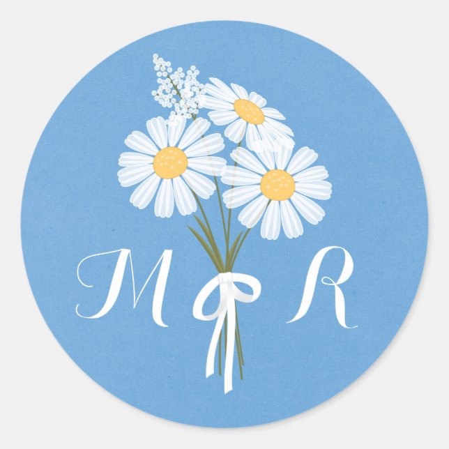 Sticker Rond Élégantes marguerites florales blanches sur Monogr (Devant)