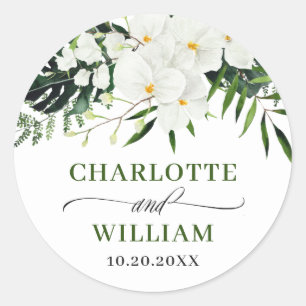 Sticker Rond Élégantes Orchidées Blanches Mariage Floral Bohème