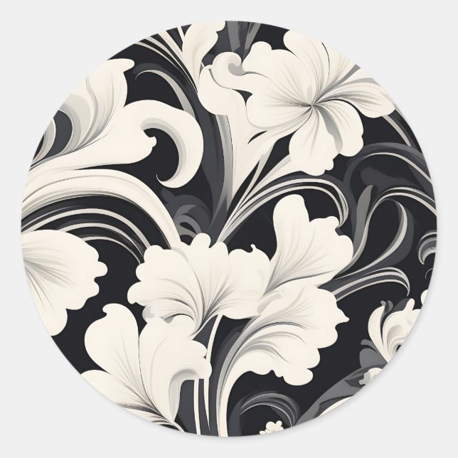 Sticker Rond Élégantes perruques florales noires et blanches (Devant)