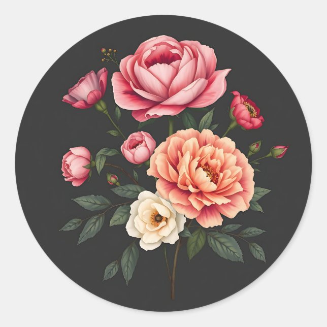 Sticker Rond Élégantes pivoines Roses et fleurs d'Hydrangée (Devant)