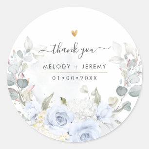 Sticker Rond Élégantes Roses Bleu Poussiéreux Aquarelle Merci