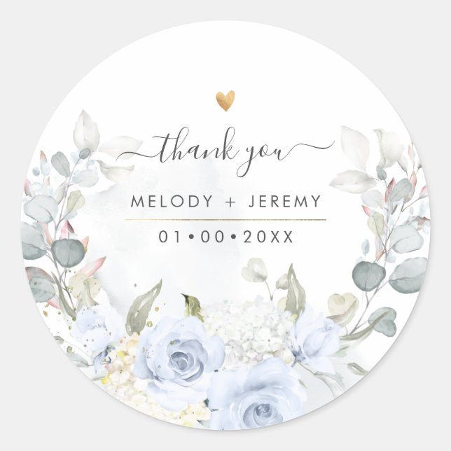 Sticker Rond Élégantes Roses Bleu Poussiéreux Aquarelle Merci (Devant)