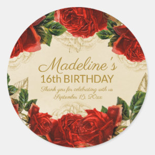 Sticker Rond Élégantes roses rouges vintage pour 16e anniversai