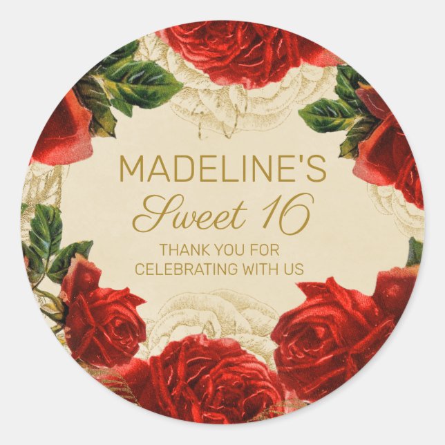 Sticker Rond Élégantes roses rouges vintage Sweet 16 (Devant)