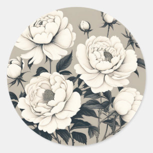 Sticker Rond Élégants Roses Et Peonies Floral Sur Crème