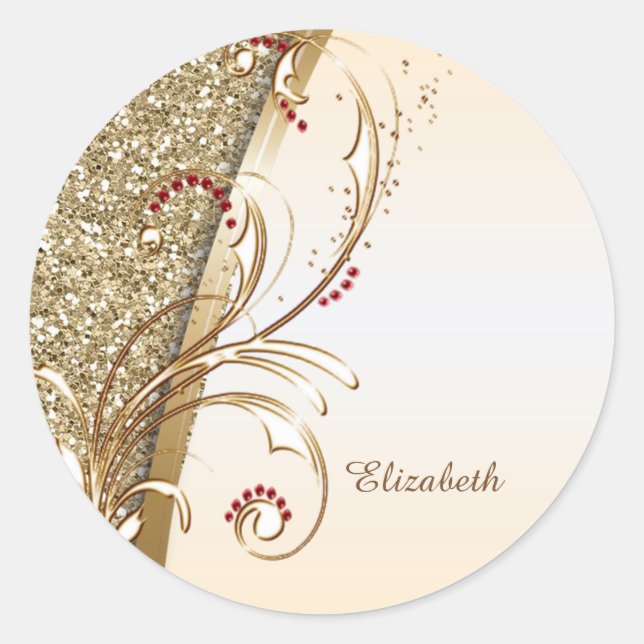 Sticker Rond Elegants Tourbillons Pailletés Or (Devant)