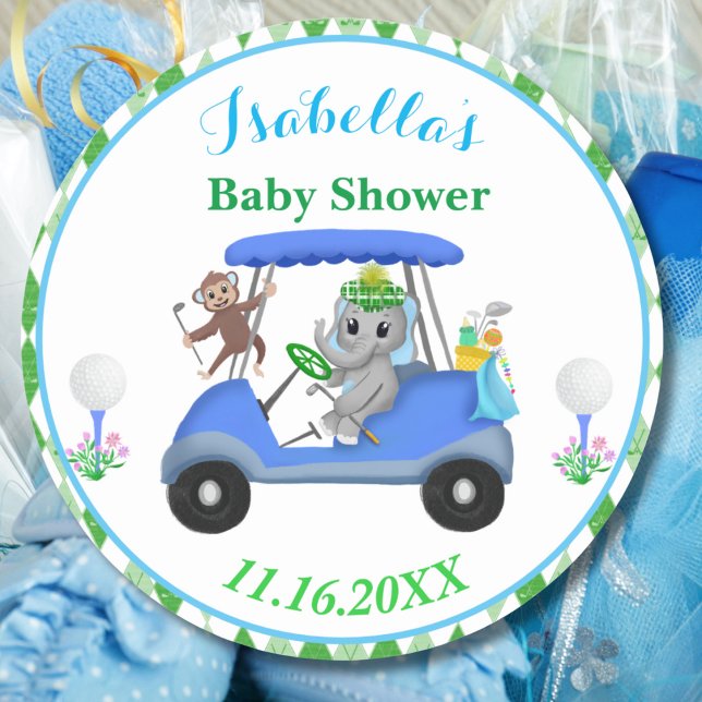 Sticker Rond Élément de retour pour Baby Shower Garçon Éléphant (Créateur téléchargé)