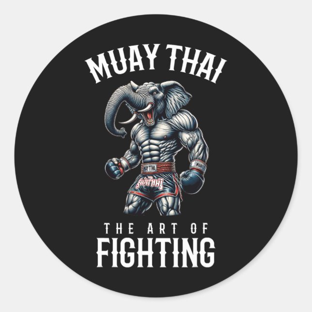 Sticker Rond Élément Muay Thai - Kickboxing Et Éléphant Thaï  (Devant)