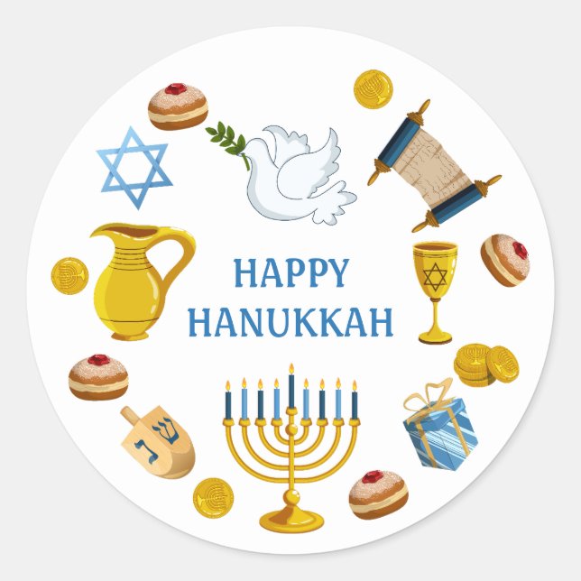Sticker Rond Éléments traditionnels de Hanukkah Colombe Étoile  (Devant)