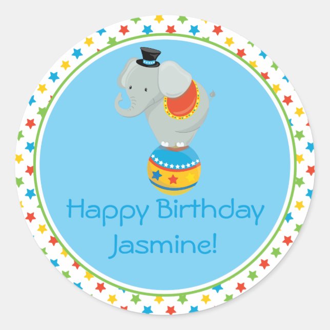 Sticker Rond Eléphant à la balle | Thème cirque | Personnalisé (Devant)