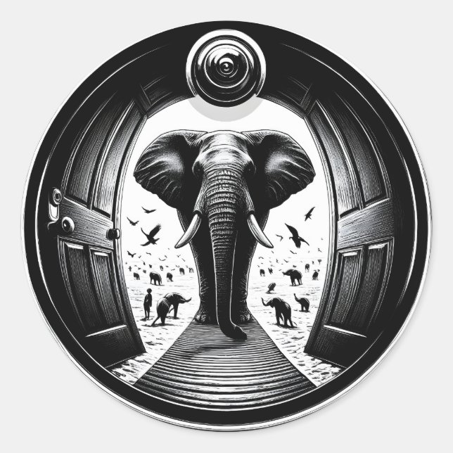 Sticker Rond Eléphant à travers la porte de Peephole | Fisheye (Devant)