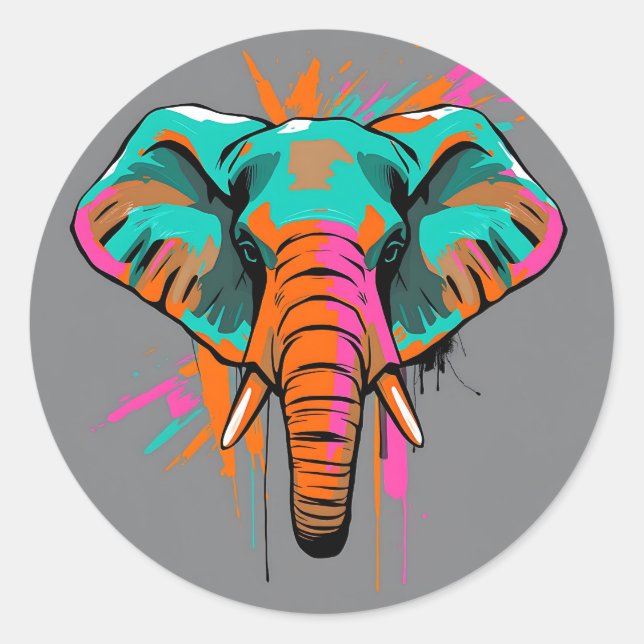 Sticker Rond Eléphant Abstrait vibrant avec Turquoise gras (Devant)