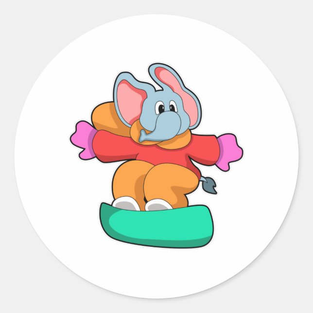 Sticker Rond Elephant au snowboard avec snowboard (Devant)