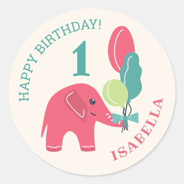 Sticker Rond Eléphant avec Ballons Filles 1er anniversaire (Devant)