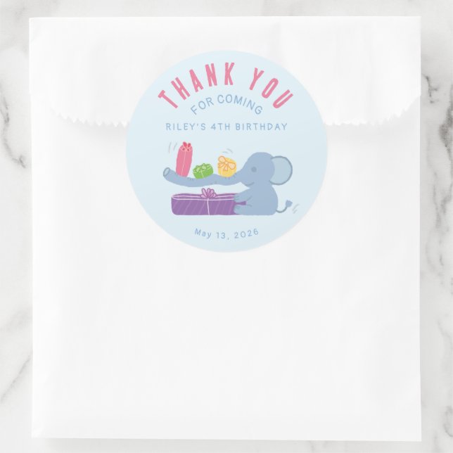 Sticker Rond Éléphant avec des Cadeaux Merci (Sac)