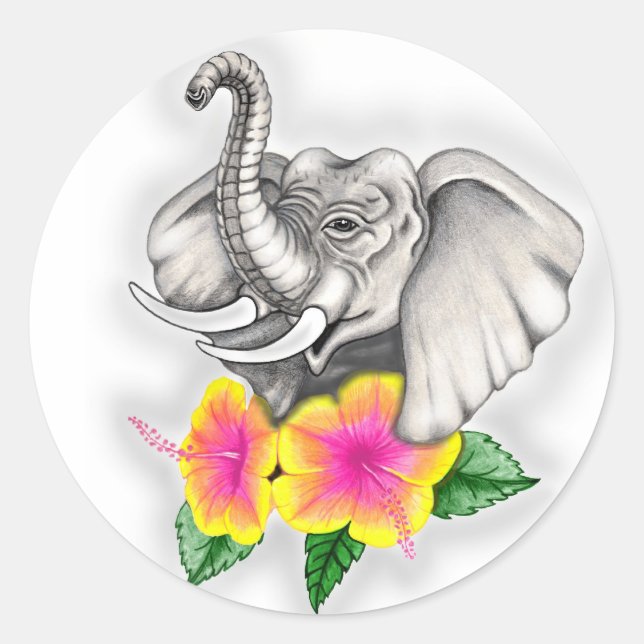 Sticker Rond Eléphant avec Hibiscus Design (Devant)