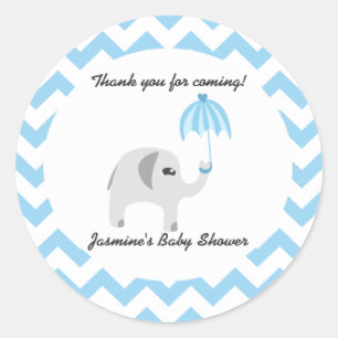 Sticker Rond Eléphant Baby shower bleu parapluie