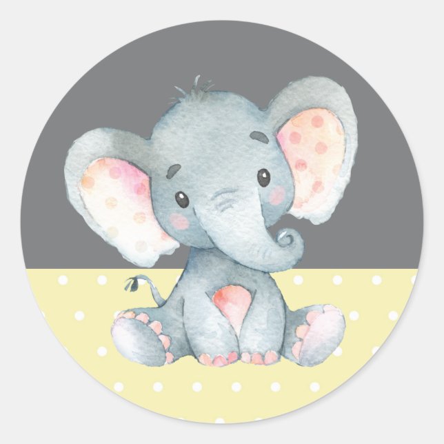 Sticker Rond Éléphant Baby Shower Jaune et Gris (Devant)