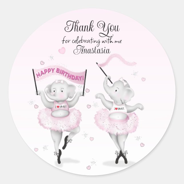 Sticker Rond Eléphant Ballerina Danse Anniversaire (Devant)
