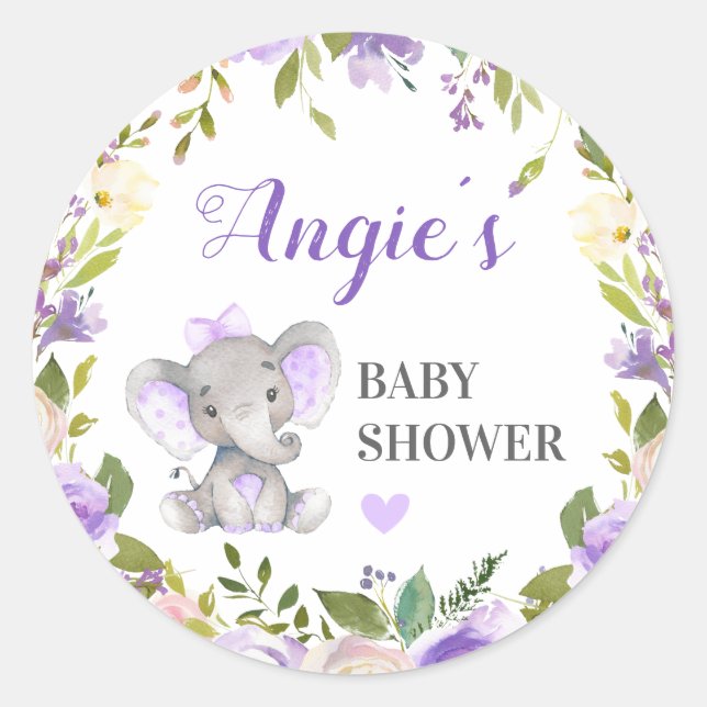 Sticker Rond Eléphant Bébé Fille Douche Lavande Purple Faveur (Devant)