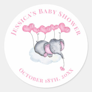 Sticker Rond Éléphant Bébé Fille sur Nuage Blanc Baby Shower