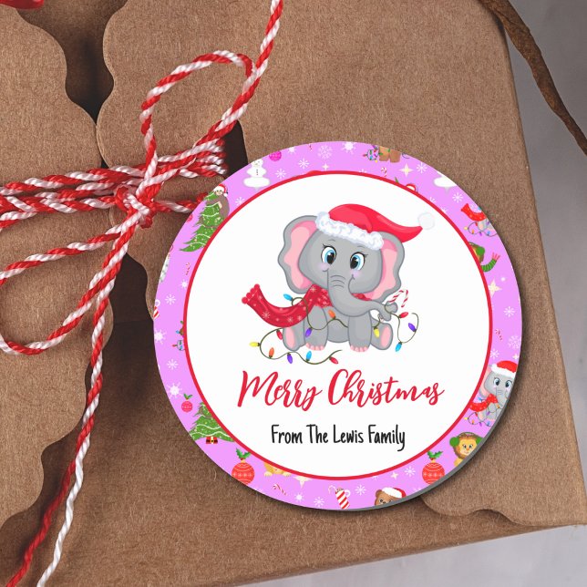 Sticker Rond Eléphant Bébé mignon Avec Animaux Zoo En Rose (Créateur téléchargé)