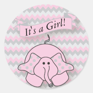 Sticker Rond Eléphant bébé rose et gris Chevron