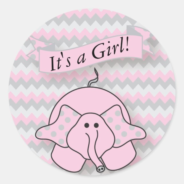 Sticker Rond Eléphant bébé rose et gris Chevron (Devant)