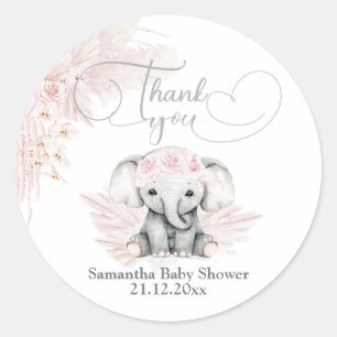 Sticker Rond Elephant Blash Baby shower Boho Rose Fleur