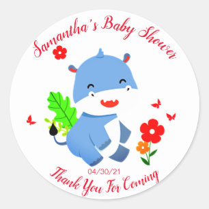 Sticker Rond Eléphant Bleu Cute Avec Baby shower Fleurs Rouges