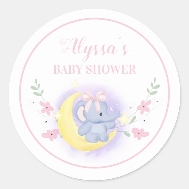 Sticker Rond Eléphant bleu rose mignonne Lune bébé fille douche (Devant)