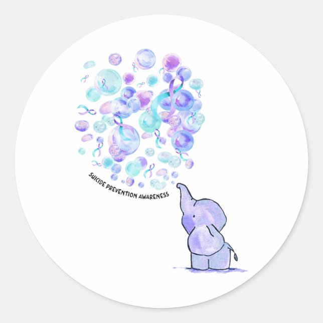Sticker Rond Eléphant Bleu Violet Ballons Prévention du suicide (Devant)