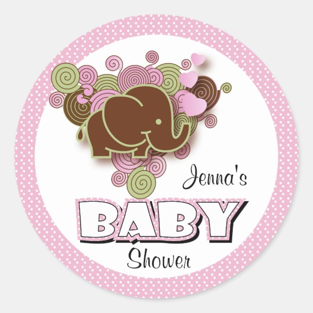 Sticker Rond Eléphant Brown et rose| Baby shower (Devant)