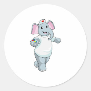 Sticker Rond Elephant comme infirmière avec la médecine