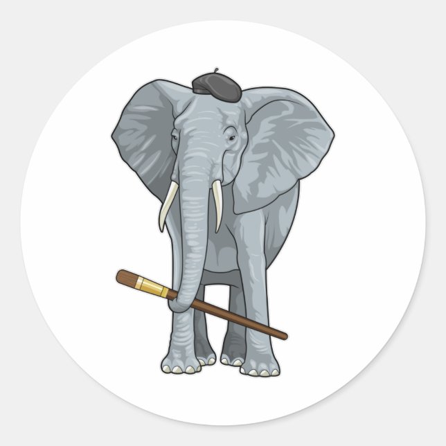 Sticker Rond Eléphant comme peintre avec pinceau (Devant)