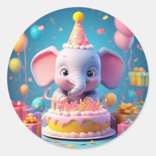 Sticker Rond Éléphant de dessin animé adorable célébrant un ann