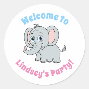 Sticker Rond Éléphant de dessin animé aux yeux bleus rose et gr