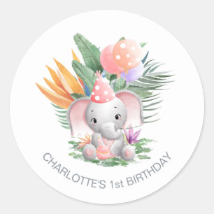 Sticker Rond Eléphant de la Jungle rose 1er anniversaire