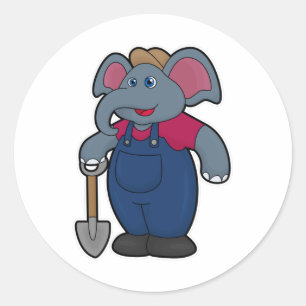 Sticker Rond Elephant en tant que fermier avec Shovel