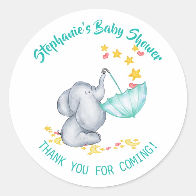 Sticker Rond Elephant & Etoiles Baby shower Merci (Devant)